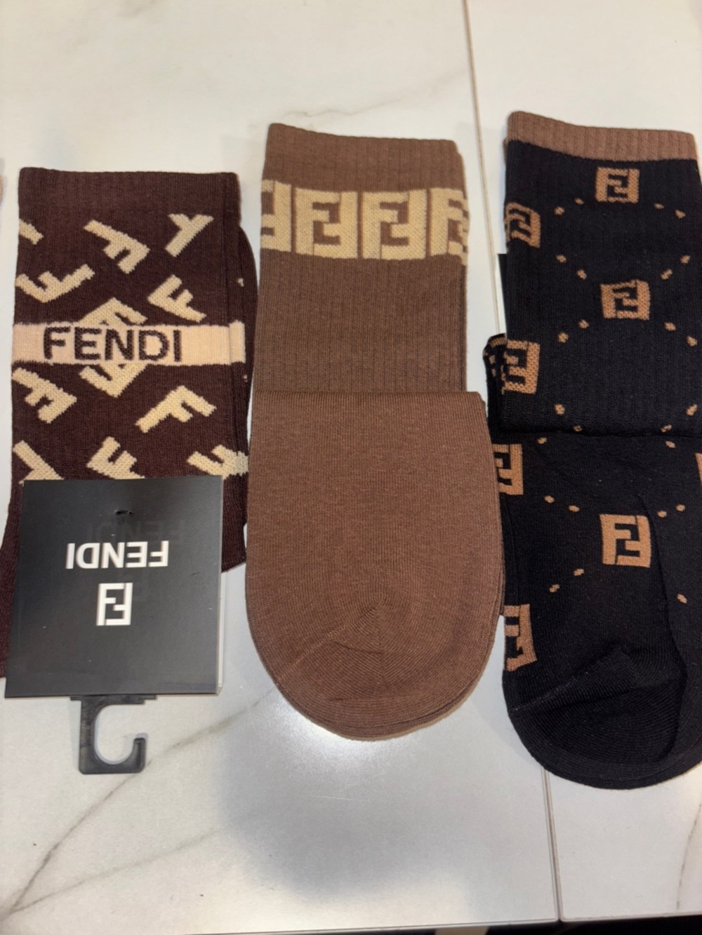5 pairs Fendi Men’s Crew Socks - Brown, Black & Tan FF Monogram Assortment - Picture 3 of 3